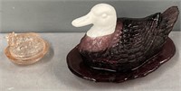 Purple Glass Duck & Pink Cow Covered Dishes