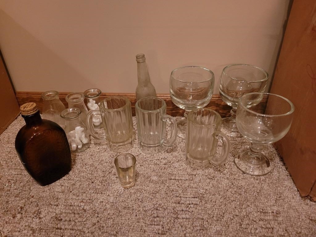 Assorted Bottles and Glassware
