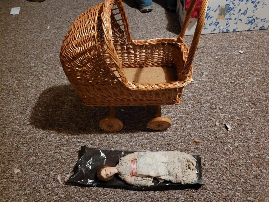 Vintage Doll and Brown Wicker Doll Carriage