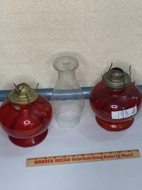 (2) Red Glass Oil Lamps One with Chimney