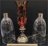 Silverplate & Cranberry Glass Lamp; 2 Hurricanes