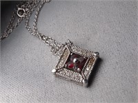 Vintage Sterling Ruby Crystal Pendant w/ Necklace