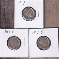 1917 P,D,and S Mint Buffalo Nickel Set