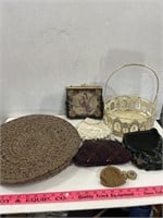 Metal Basket with Antique Purses & More