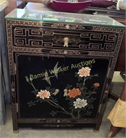 Oriental Black Laquer Oriental Cabinet With Bird