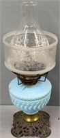 Antique Blue Glass Kerosene Oil Lamp