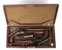 Cased Pair of English Brass Barrel Pistols, by J.