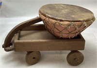 TOY WOOD WAGON & KETTLE DRUM