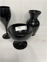 Vintage Black Glass Compote Stemmed Glass and Vase