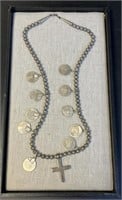 Native American Silver Coin & Cross Necklace