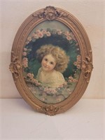 Antique Oval Framed Canvas Little Girl with Roses