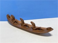 Wooden Hand Carving of 3 Natives in a Long Boat