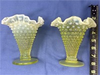 Fenton Vaseline Glass Hobnail Flower Vases