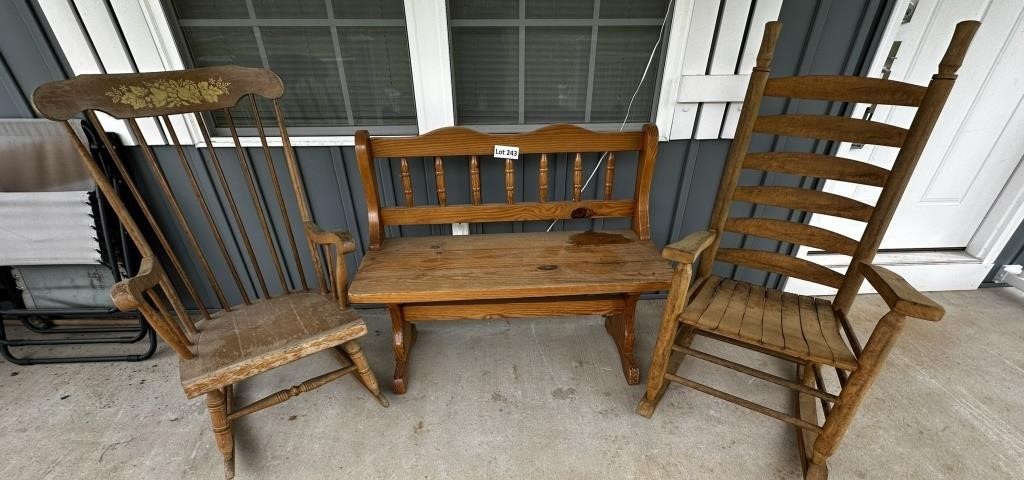 Two Wooden Rockers & Bench