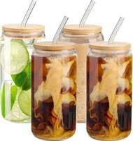 4 pcs Glass Cups with Bamboo Lids and Straws-16 oz