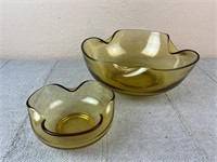 Lot of 2 Melted Edge Green Glass Bowls