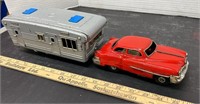 Vintage Tin Toy Car and Camper Trailer 17" long.