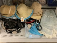 Denim skirts, Assorted hats and belts. Most new.