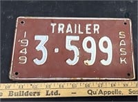 1949 Saskatchewan Trailer License Plate. #SC.