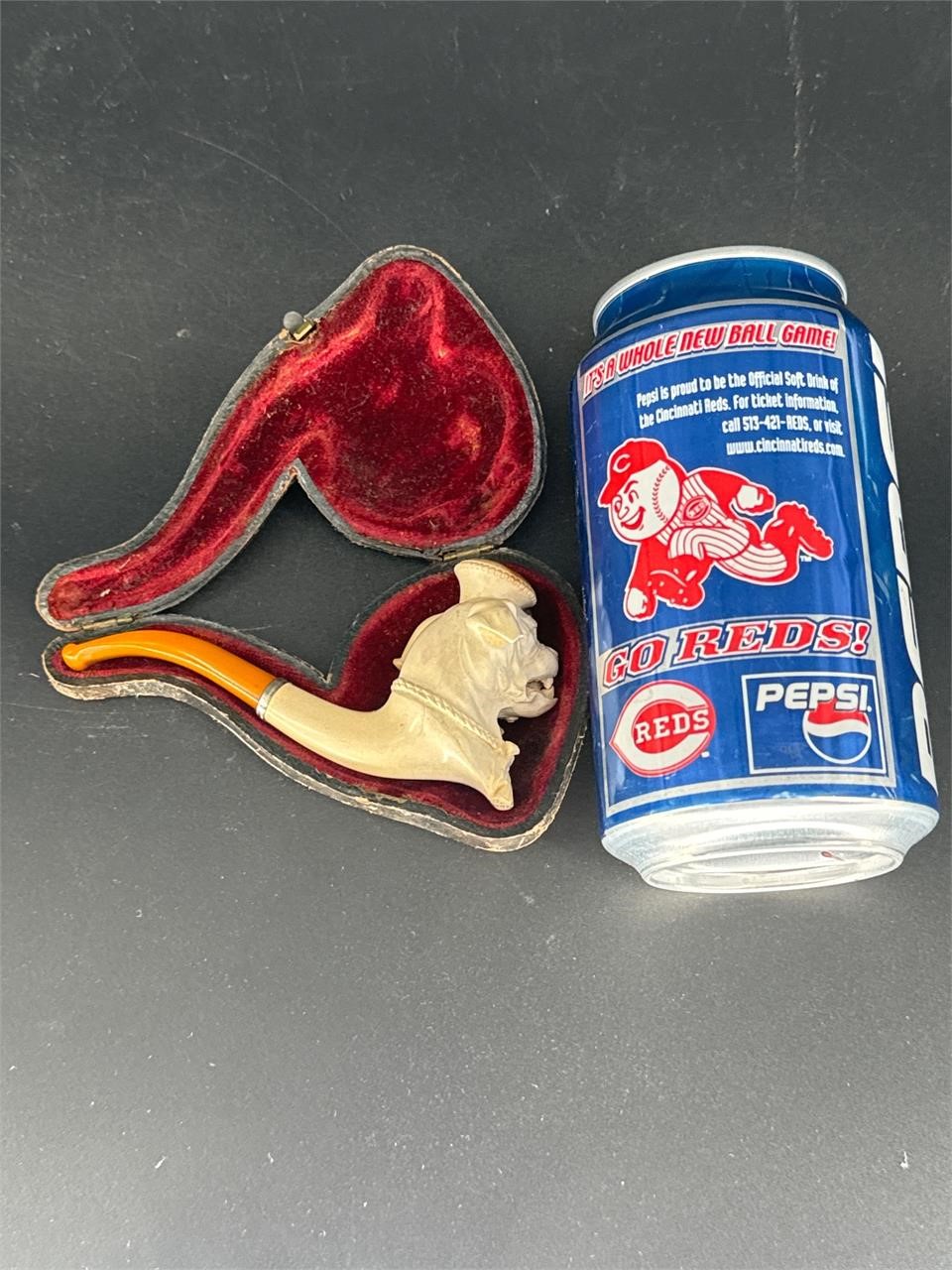 MEERSCHAUM AND AMBER DOG PIPE WITH ORG. CASE