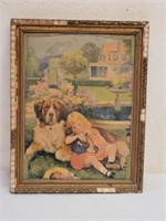 Antique Framed Original Print of Girl and Her Dog