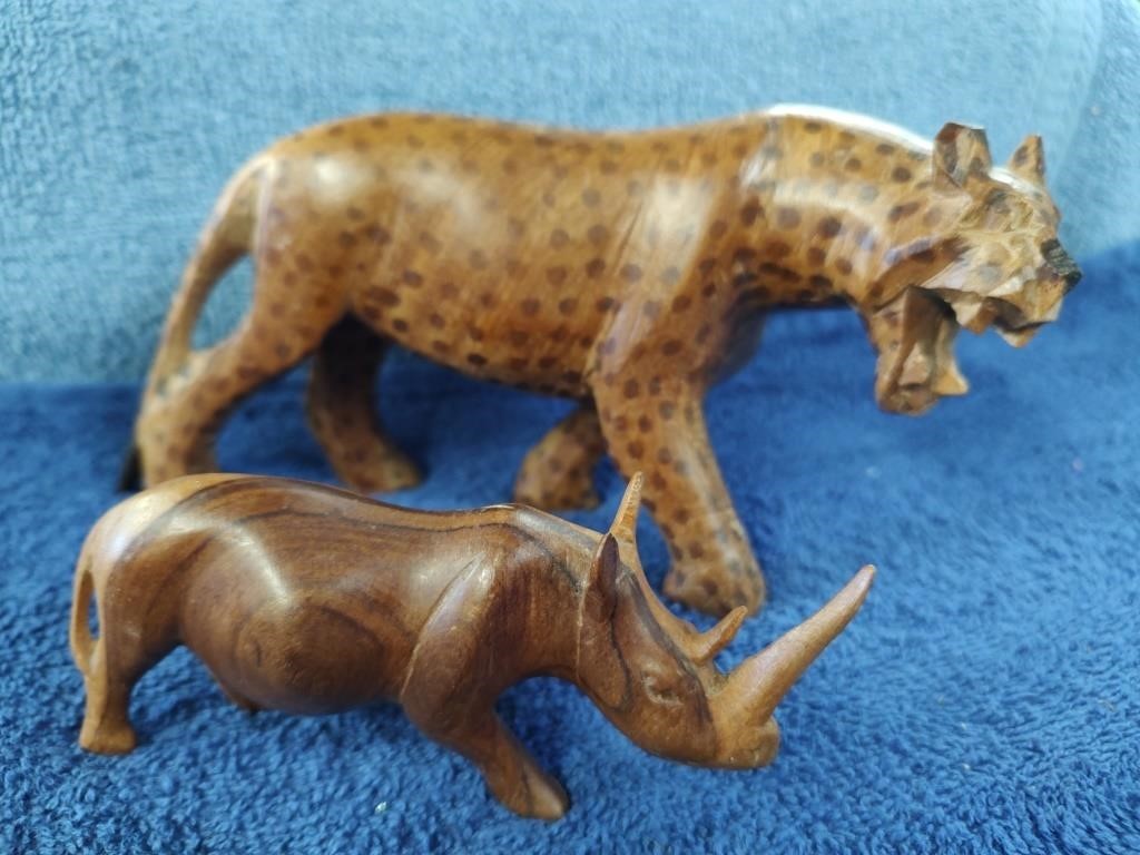 Hand Carved Jaguar & Rhino - 8" & 5"