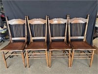 4 Hand Carved Wood and Leather Oak Chairs