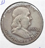 1953-D Franklin Half Dollar Coin  90% Silver