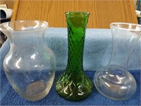 3 Glass Vases - includes Green Hoosier Glass Vase