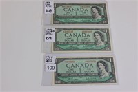 3 - 1954 CANADA $1 BANK NOTES