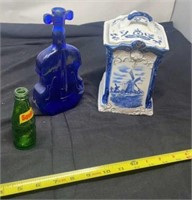 Windmill canister, blue violin glass jar, Squirt