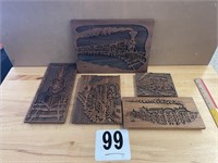 LOT OF 5 WOOD ENGRAVED TRAIN WALL ART