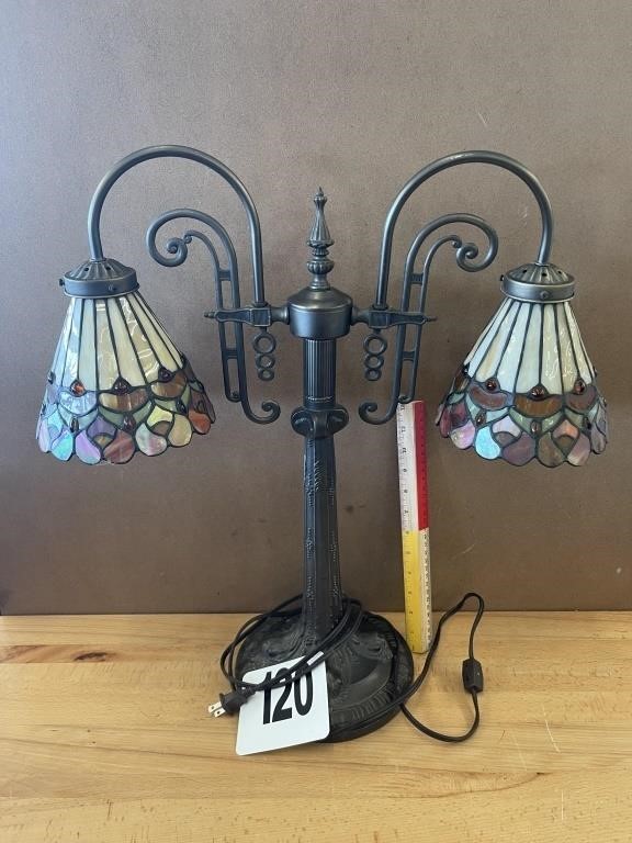 23" TALL VTG. TIFFANY STYLE DOUBLE LAMP