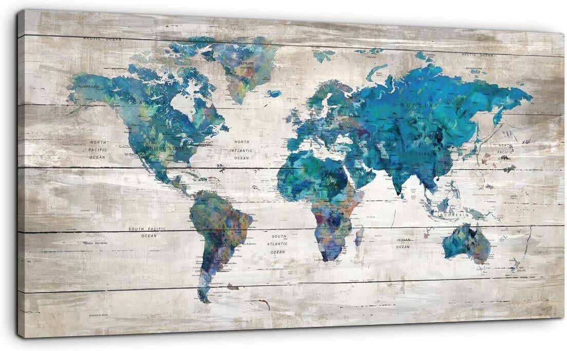 Blue World Map Canvas Art 48X36 - Teal White