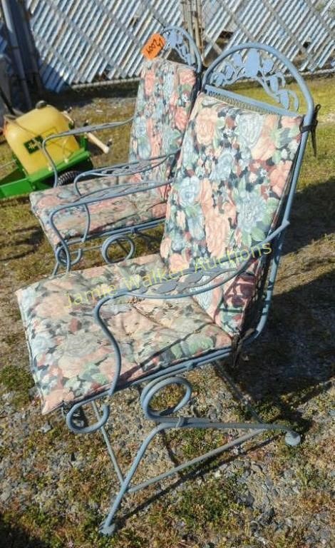 2 Gray Heavy Metal Patio Chairs. Spring Rockers.