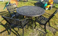 48" Black Aluminum Patio Table, 4 Chairs. Outside