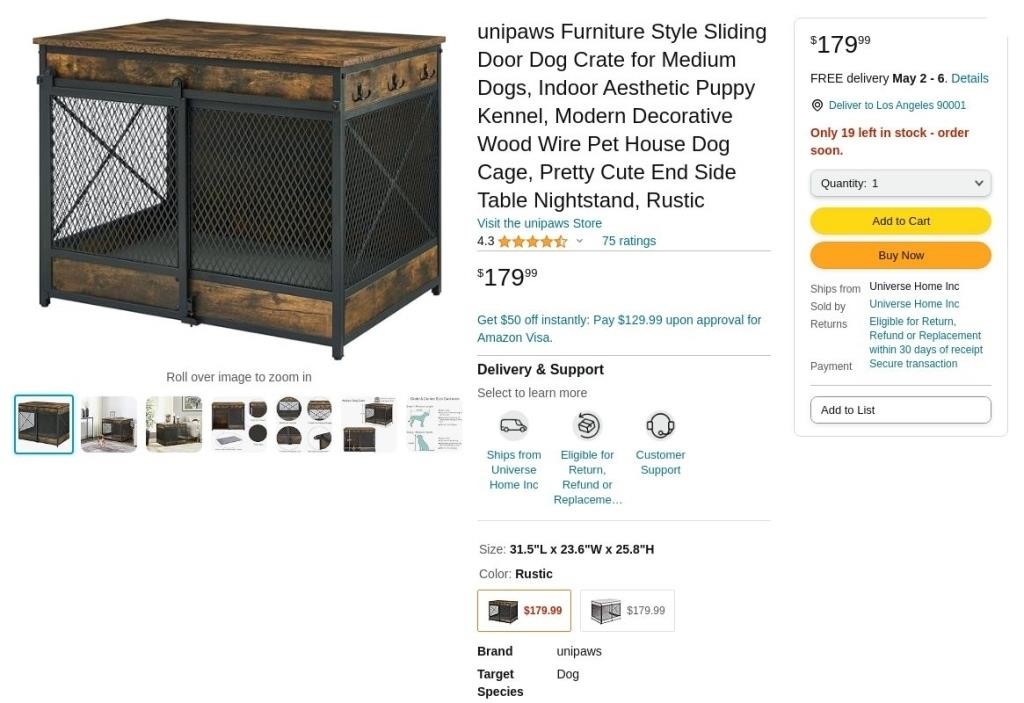 W518  Unipaws Sliding Door Dog Crate, 31.5"L x 23.
