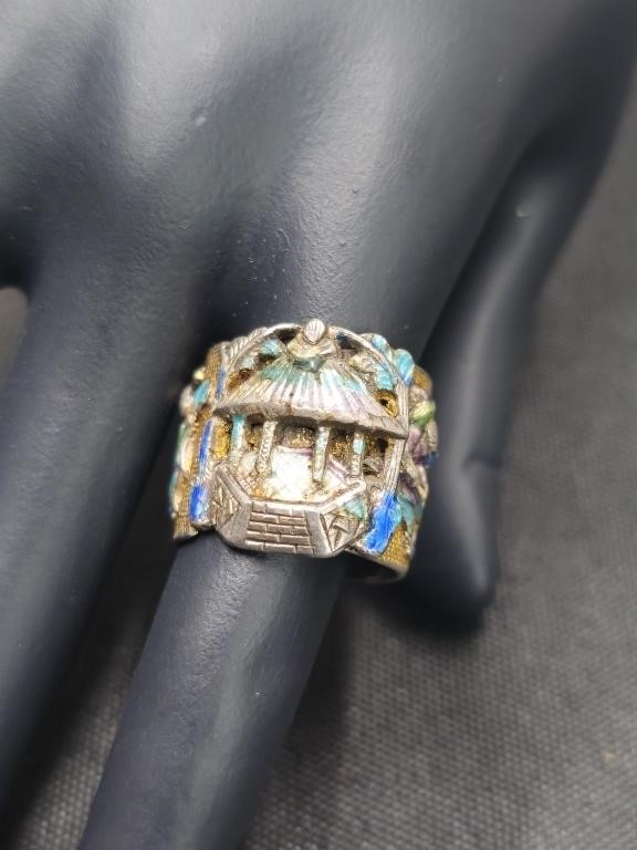 Signed Chinese Sterling & Enamel Ring