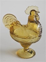AMBER CANDY GLASS COVERED ROOSTER PEDESTAL DISH