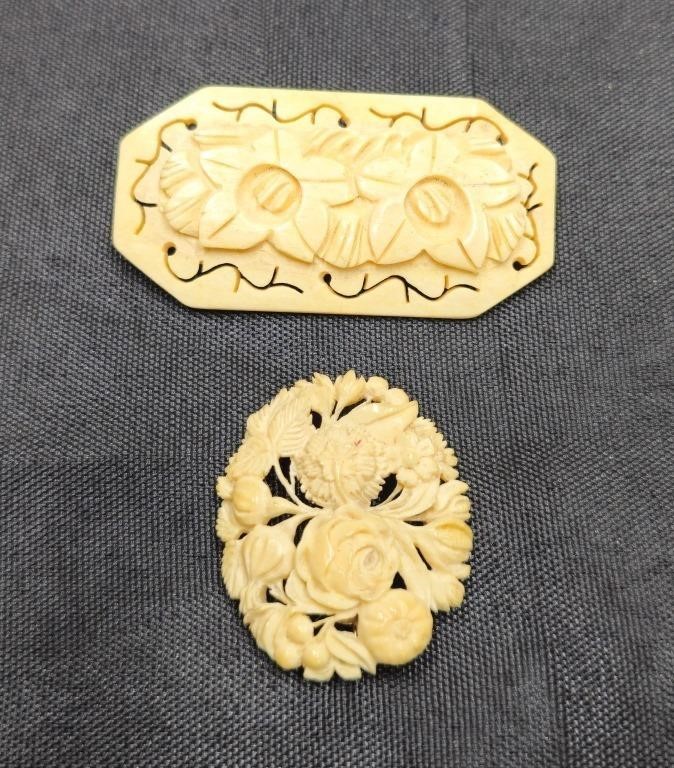 Intricately Carved Antique Brooches