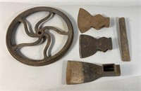 3 Axe Heads 1 Chisel & Cast Iron Belt Pulley