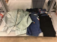 Denim jeans and jackets. Assorted sizes. Most