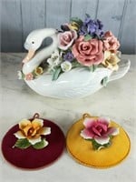 Porcelain Swan Music Box & (2) Capodimonte Flowers