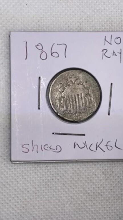 1867 Shield nickel no rays