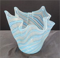 Murano Blue & White Latticinio Ribbon Glass Vase