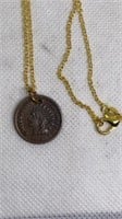 1865 Indian head penny pendant on chain stamped