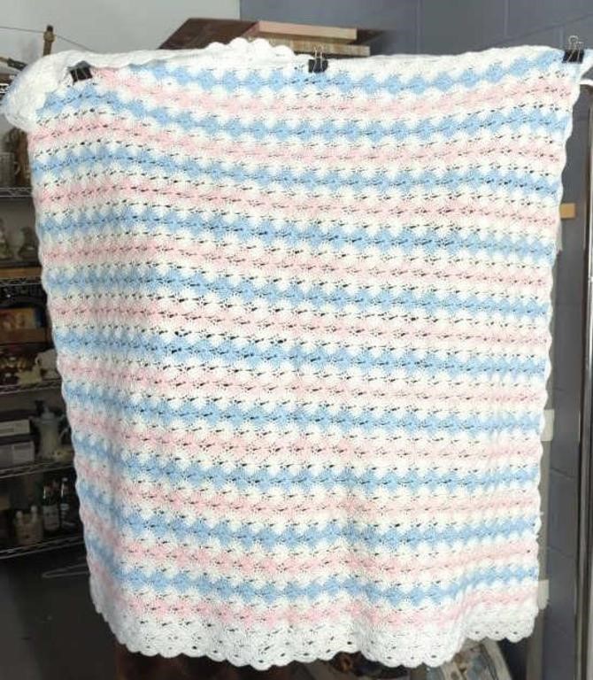 Crochet White,Blue And Pink Baby Blanket 38x42