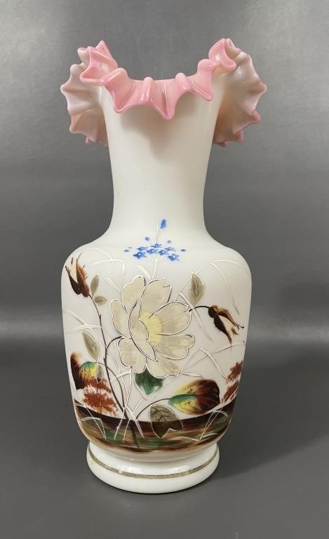 Antique Bristol Opaline Hand Painted Ruffled Vase