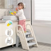 Foldable Toddler 3 Step Stool Grey