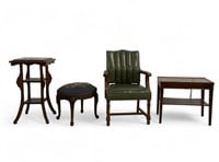 Leather Chair, Victorian Table, Ottoman & Table